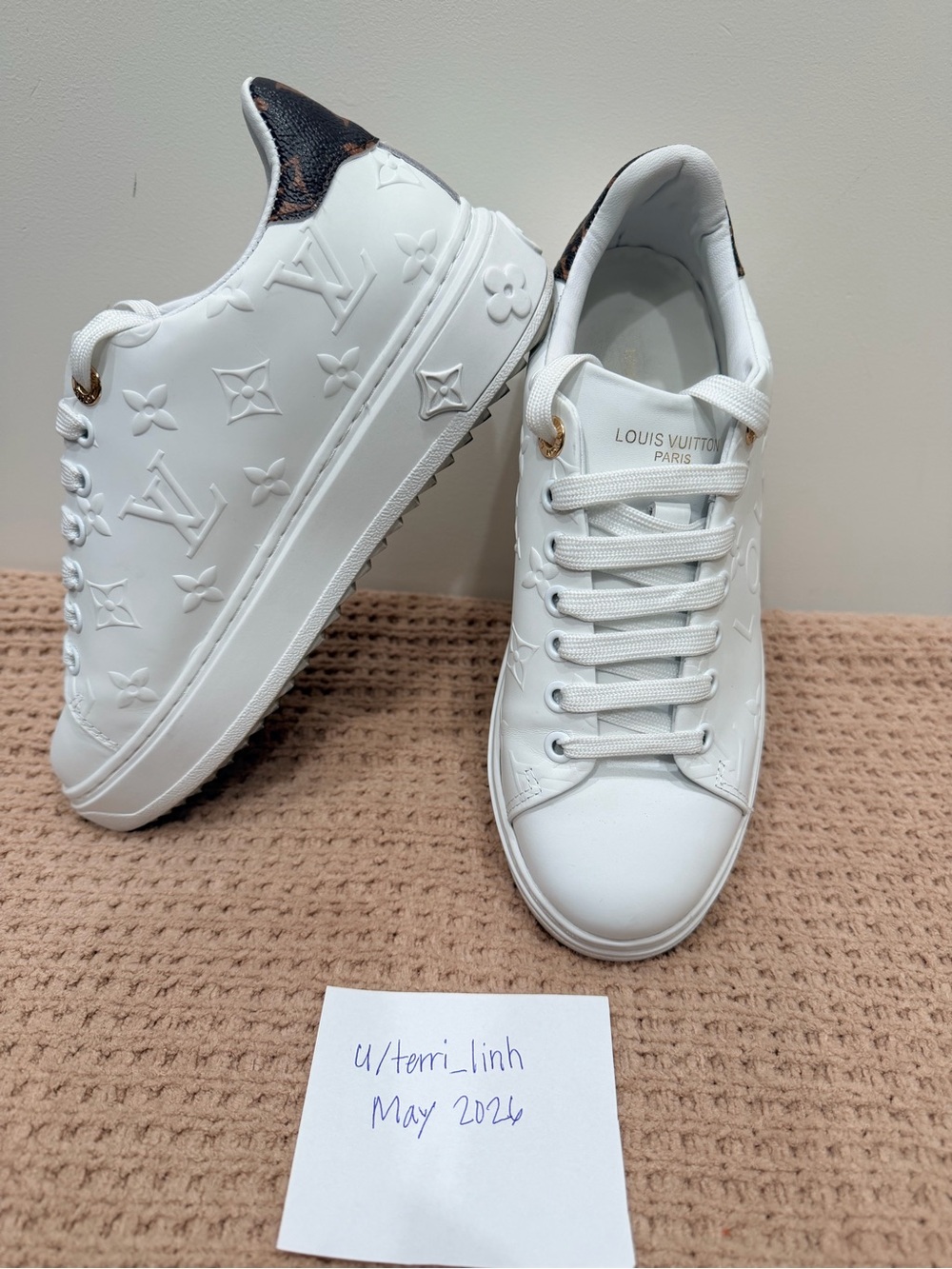 Louis Vuitton White Embossed Monogram Sneakers with Brown Monogram Heel